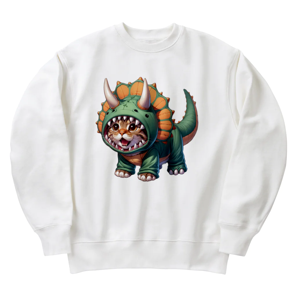 IloveCatのトリケラトプスのフードを被った子猫 Heavyweight Crew Neck Sweatshirt