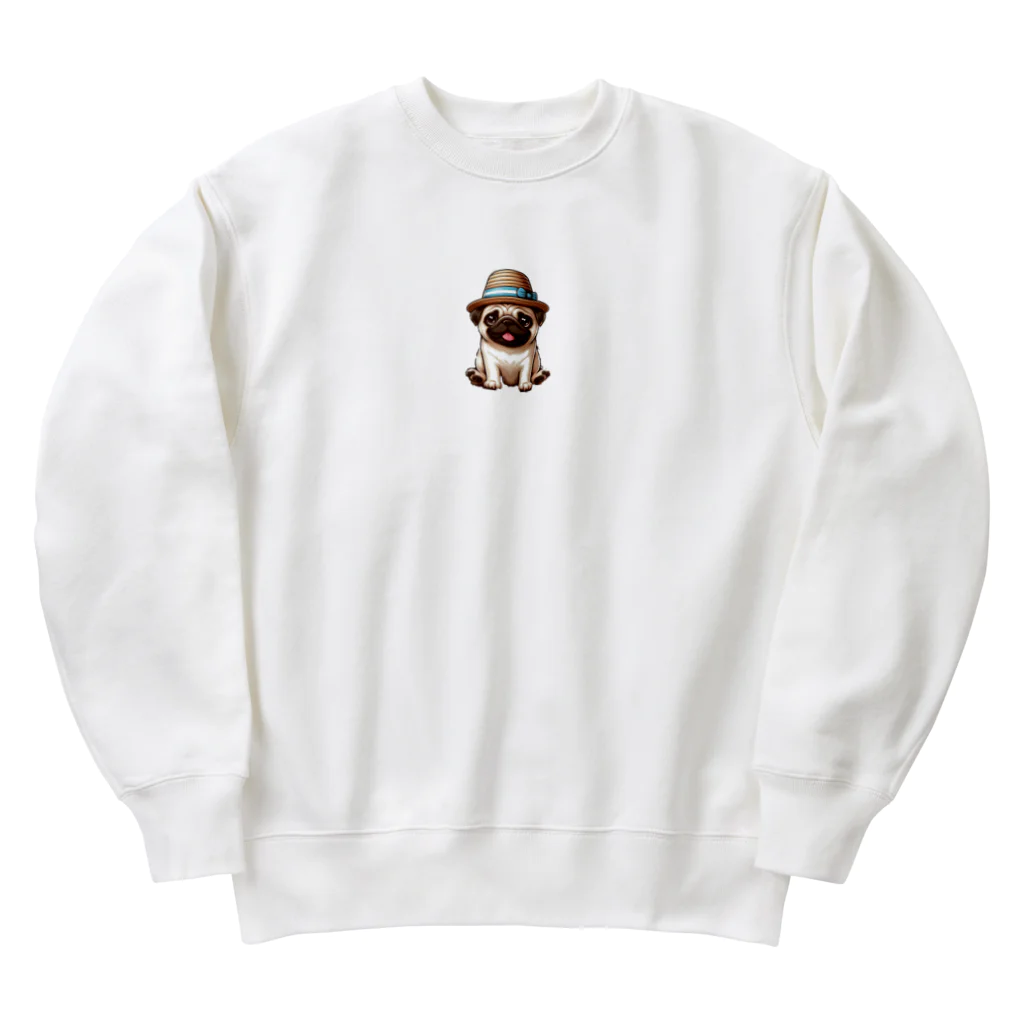 鼻ぺちゃ犬と和猫の麦わら帽子 パグ Heavyweight Crew Neck Sweatshirt