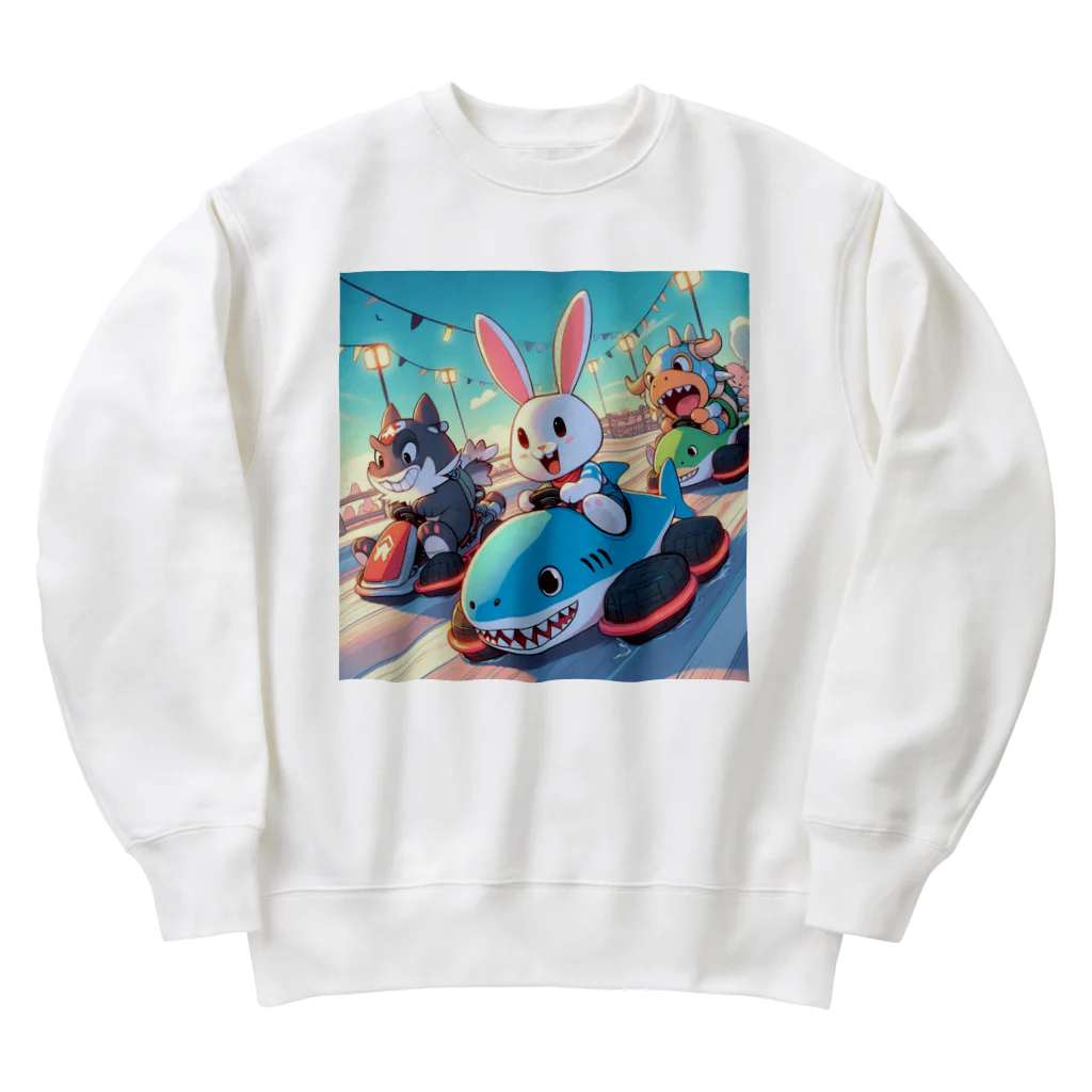 takoyakimagicのカワイイうさぎとクールな牛が、まるでマリオカートのようなスピード感を楽しむカーレース中！ Heavyweight Crew Neck Sweatshirt