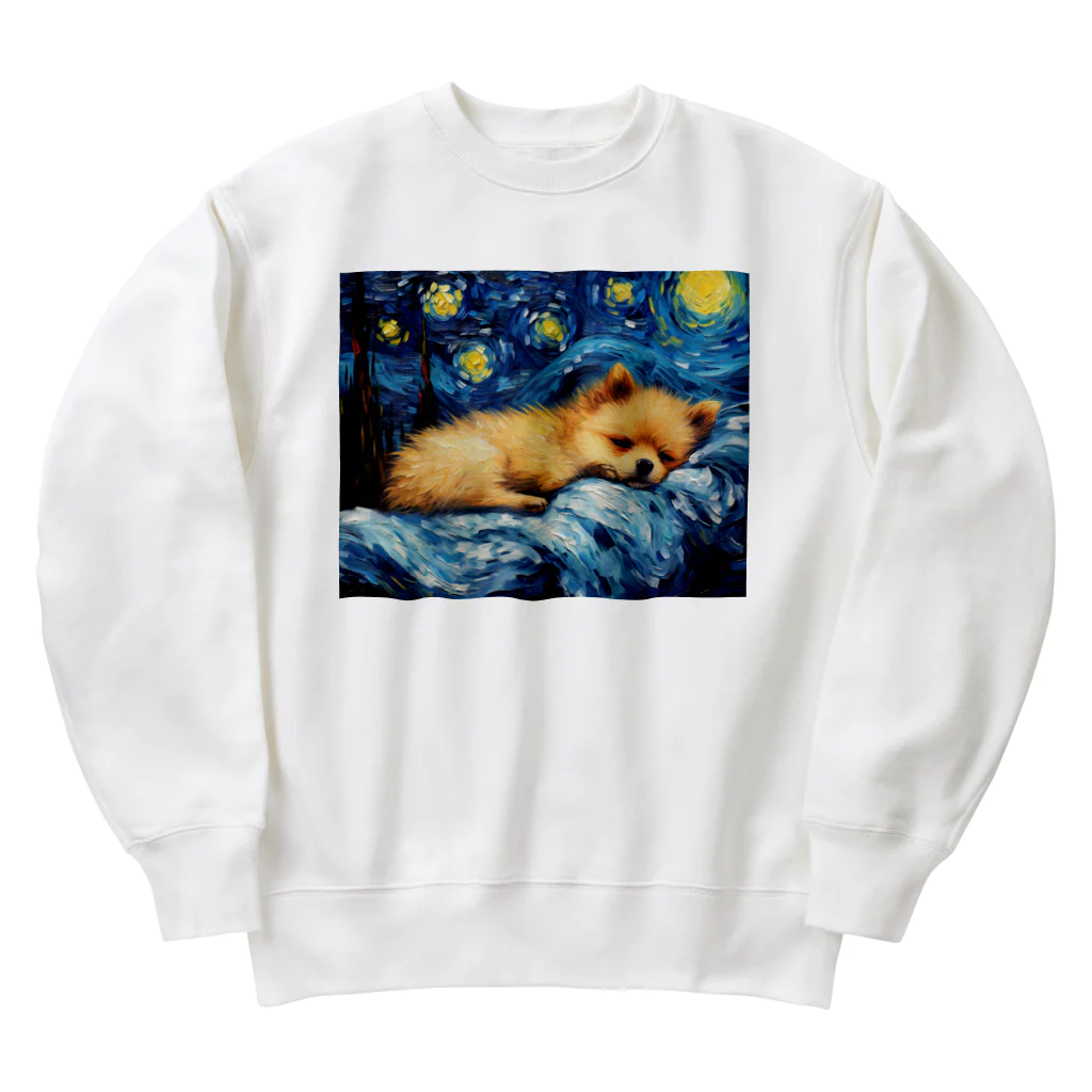 Dog Art Museumの【星降る夜 - ポメラニアン犬の子犬 No.3】 Heavyweight Crew Neck Sweatshirt