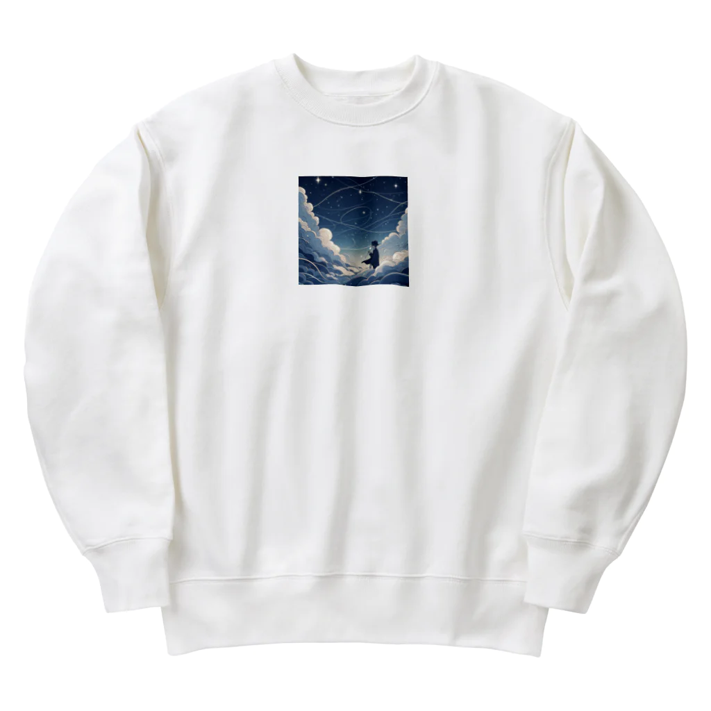 ゴマゴマ5050の鮮やかな世界に包まれた、幻想的な雲の中をかける少年。風 Heavyweight Crew Neck Sweatshirt