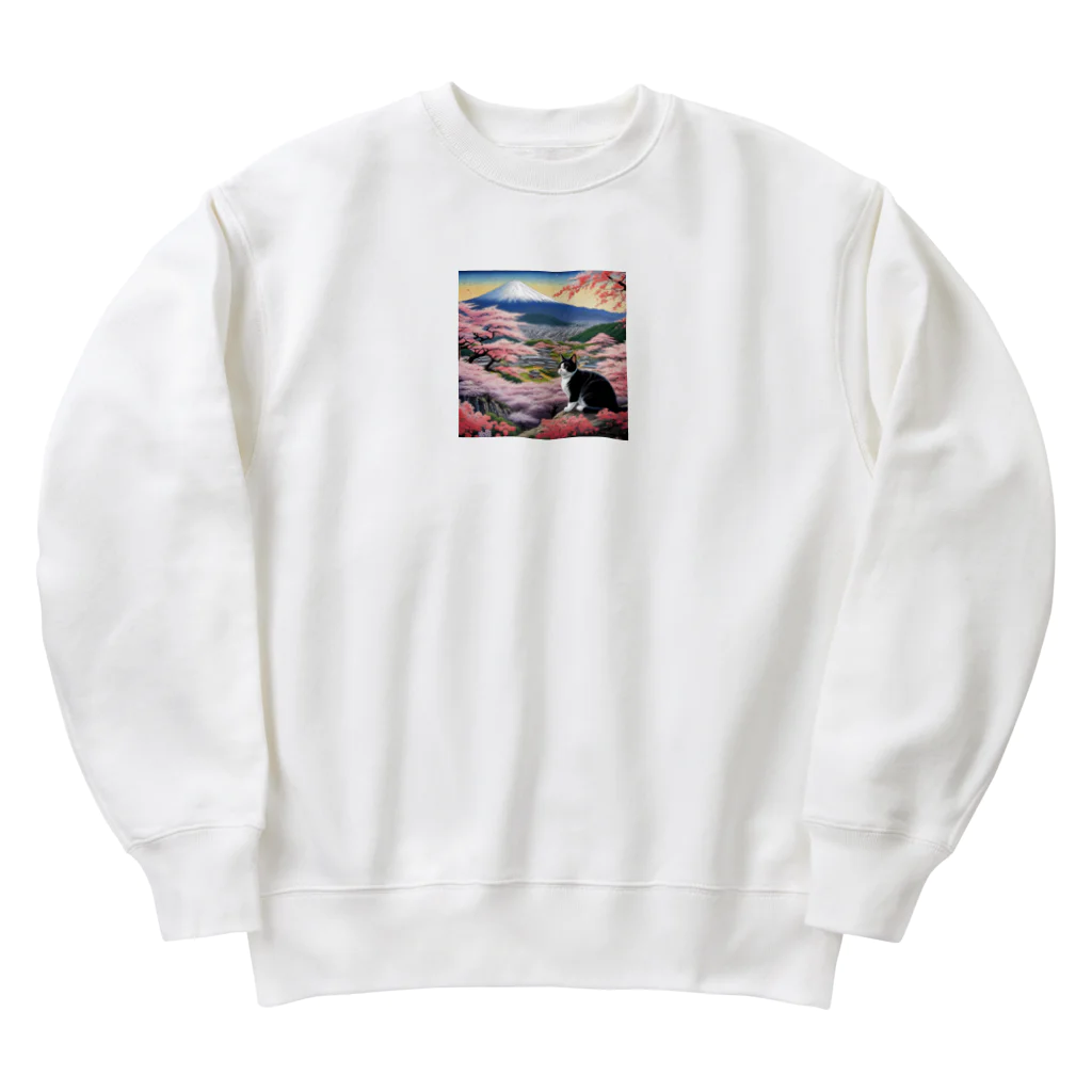 だんのんの桜と富士山と猫 Heavyweight Crew Neck Sweatshirt