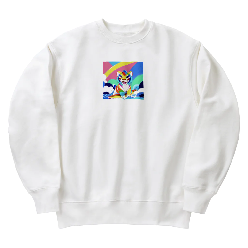 オーロラの里のカラフルタイガーちゃんのサーフィン Heavyweight Crew Neck Sweatshirt