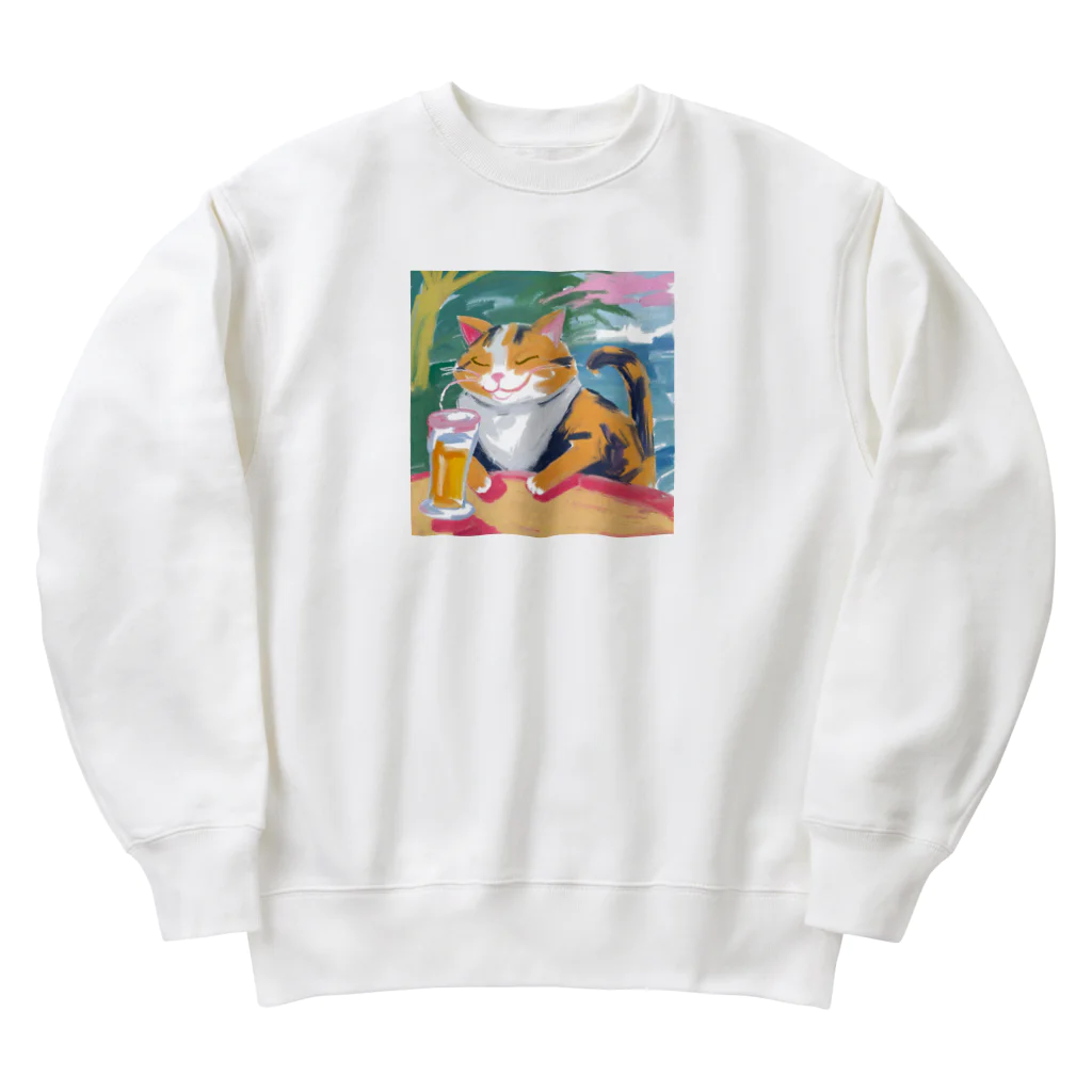 tanather shopのビールを飲んで幸せそうなネコさん Heavyweight Crew Neck Sweatshirt