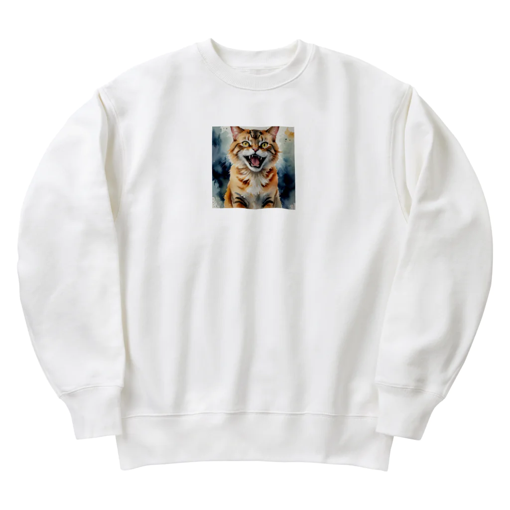 おさけふざけ＠アル中戦隊の怒った猫の表情が鮮やかに描かれた水彩画 Heavyweight Crew Neck Sweatshirt