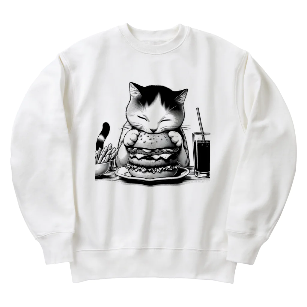 cat_burger_streetのモノクロ_ハンバーガーを食べる猫 Heavyweight Crew Neck Sweatshirt