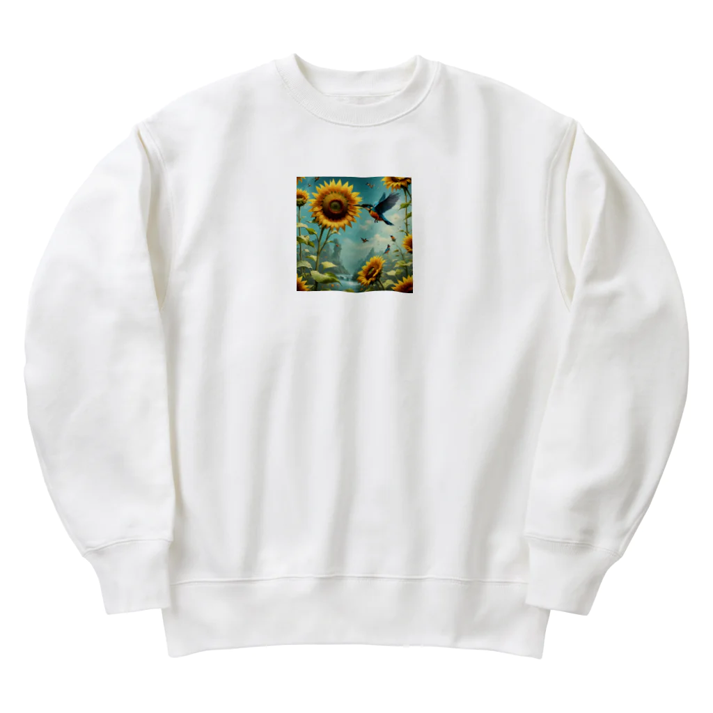 Sunbathingのヒマワリと羽ばたくカワセミ Heavyweight Crew Neck Sweatshirt