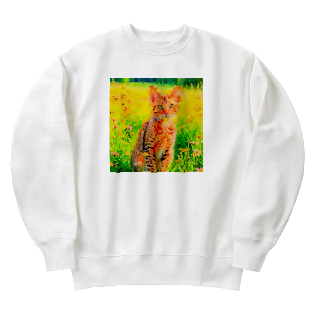 猫好きの谷の猫の水彩画/花畑のオシキャットねこのイラスト/キジトラネコ Heavyweight Crew Neck Sweatshirt