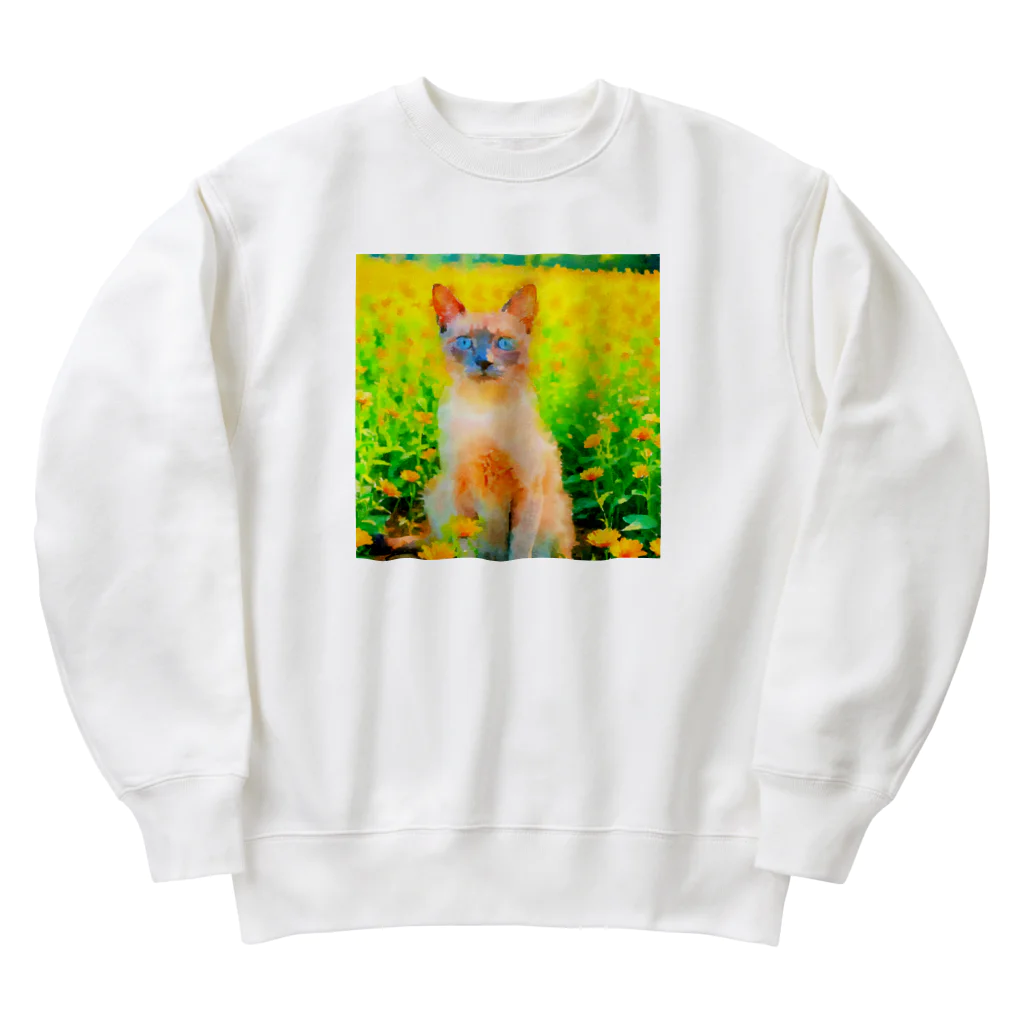 猫好きの谷の猫の水彩画/花畑のトンキニーズねこのイラスト/ポイントネコ Heavyweight Crew Neck Sweatshirt