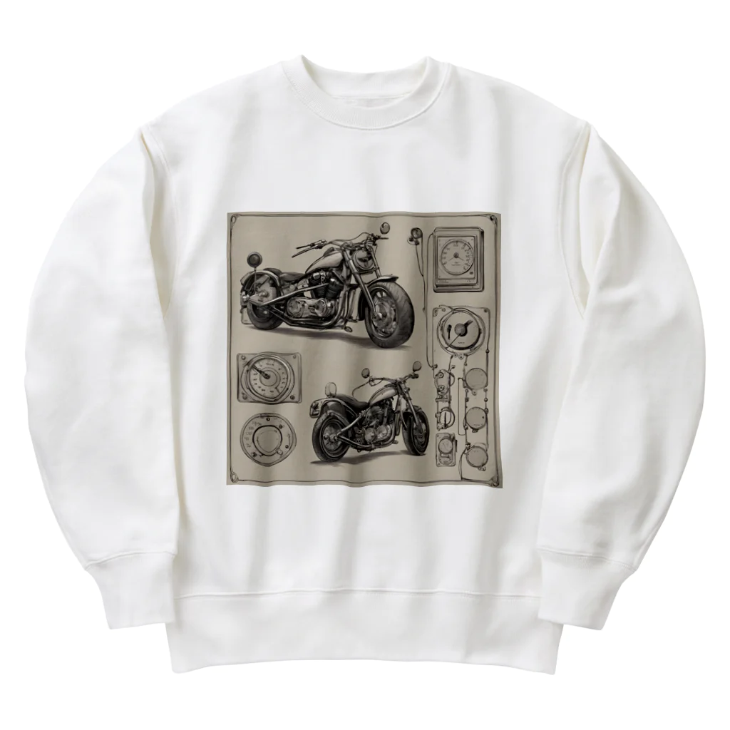 the blue seasonのクラシックバイクの設計図と計器類 Heavyweight Crew Neck Sweatshirt