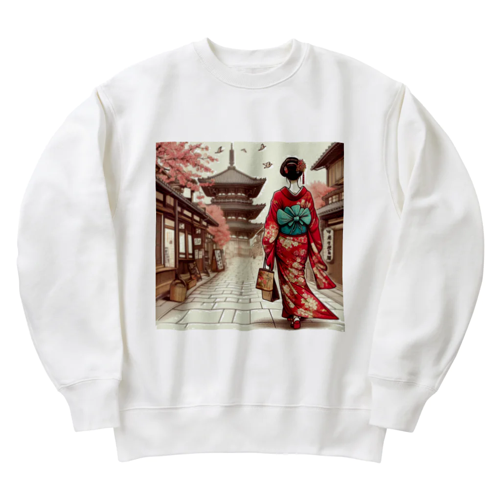 yuchijapanの京都を歩く着物美人イラスト Heavyweight Crew Neck Sweatshirt