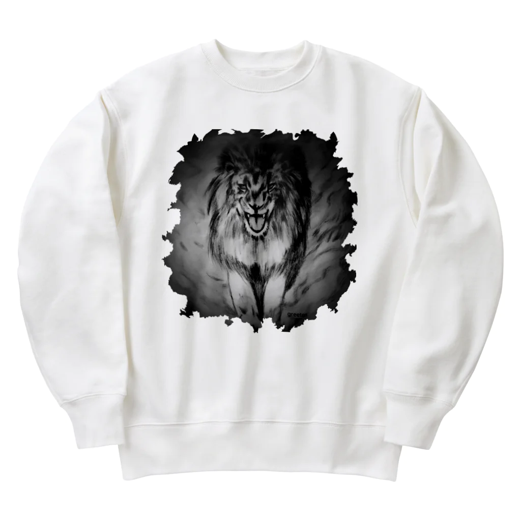 greetenのライオン　アートアニマル　モノクロ Heavyweight Crew Neck Sweatshirt