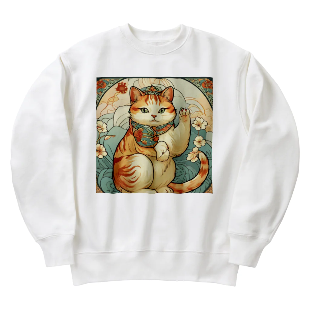 ゆまちゃんの開運雑貨屋さんのお客様を招く左手招き猫ミュシャ風 Heavyweight Crew Neck Sweatshirt