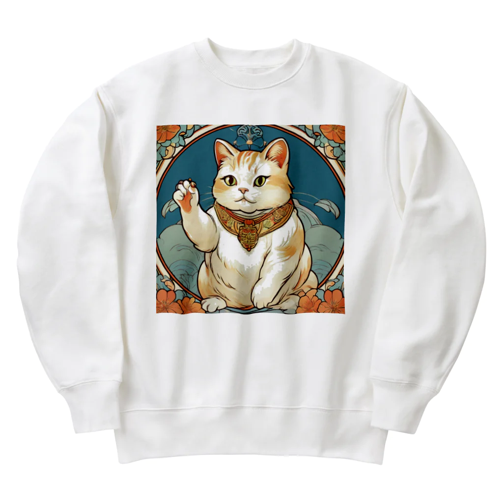 ゆまちゃんの開運雑貨屋さんの夜のミュシャ風招き猫 Heavyweight Crew Neck Sweatshirt