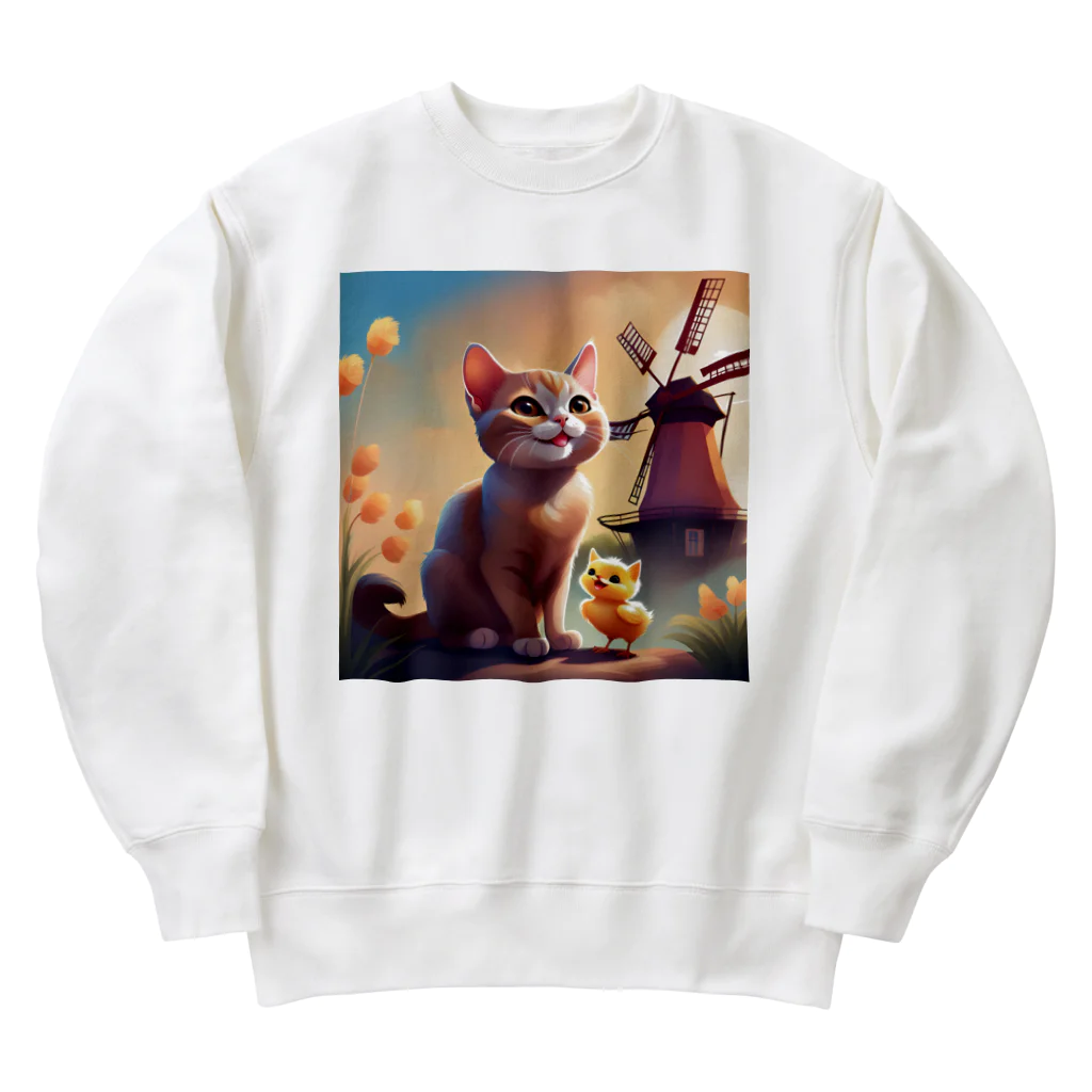 HanaCatStudioのかわいい猫とひよこさん！？はお友達 Heavyweight Crew Neck Sweatshirt