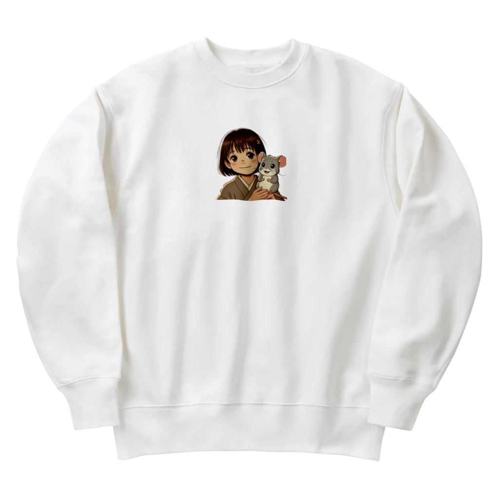 aqua-roomのさくらと小さな子ネズミ - イラスト: さくらとタロウが一緒に微笑んでいる場面 Heavyweight Crew Neck Sweatshirt