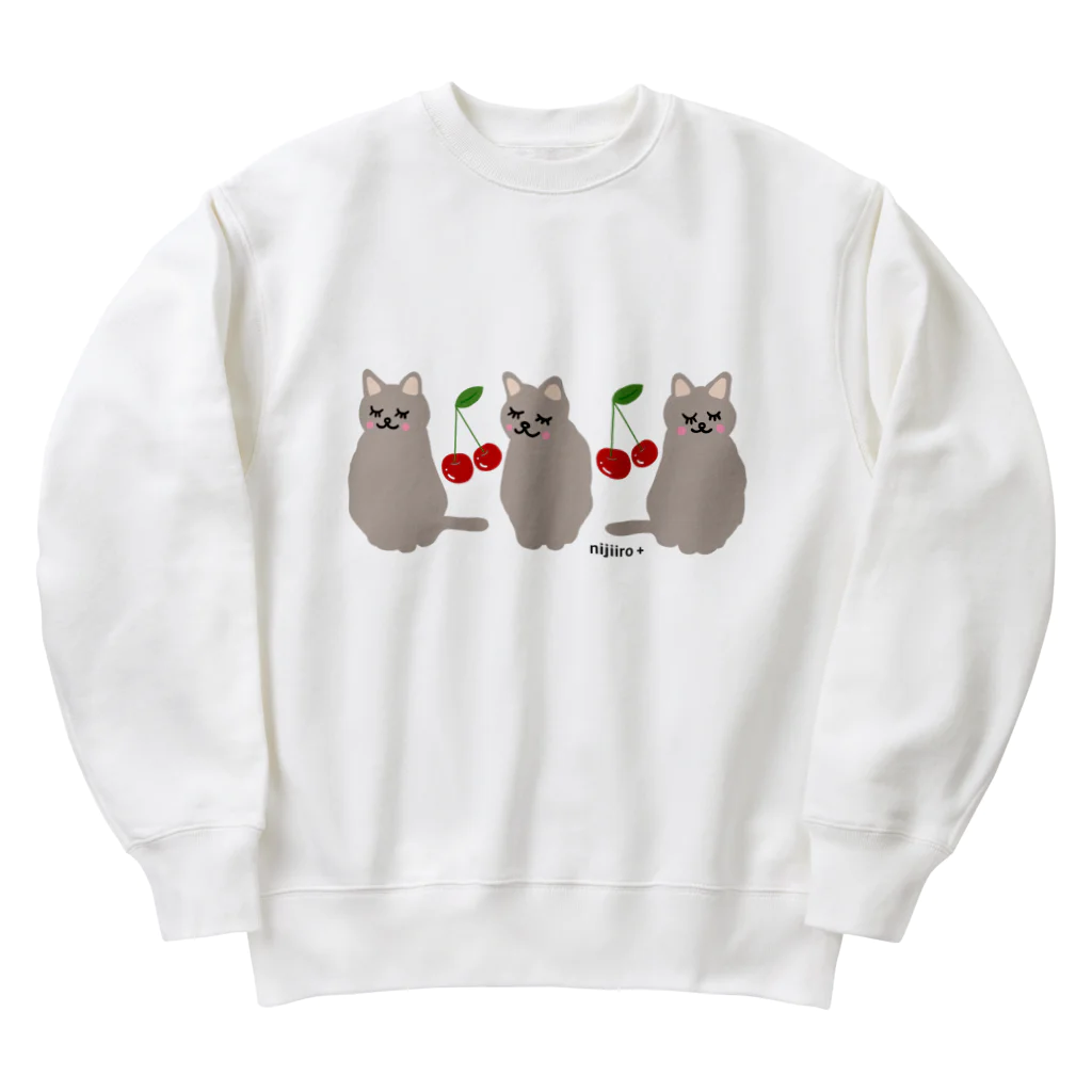 虹色PLUSのおすましキュートな猫ちゃんとサクランボ  グレーカラー Heavyweight Crew Neck Sweatshirt