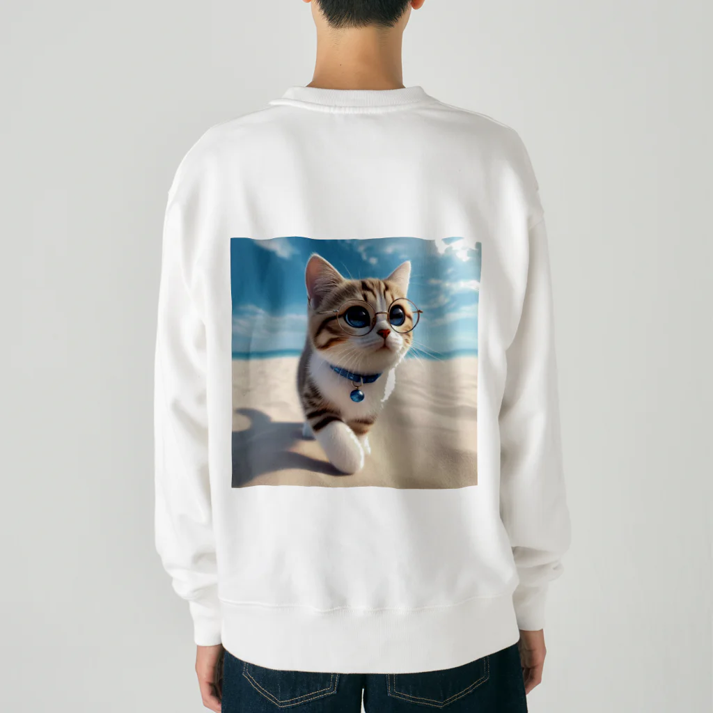 猫と紡ぐ物語の南国の海辺を歩く勇ましさに胸キュン猫 Heavyweight Crew Neck Sweatshirt