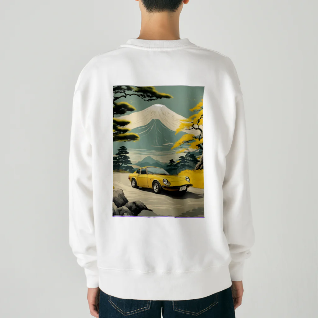 JapanCarStyleの黄色いスポーツカーと日本の風景 Heavyweight Crew Neck Sweatshirt