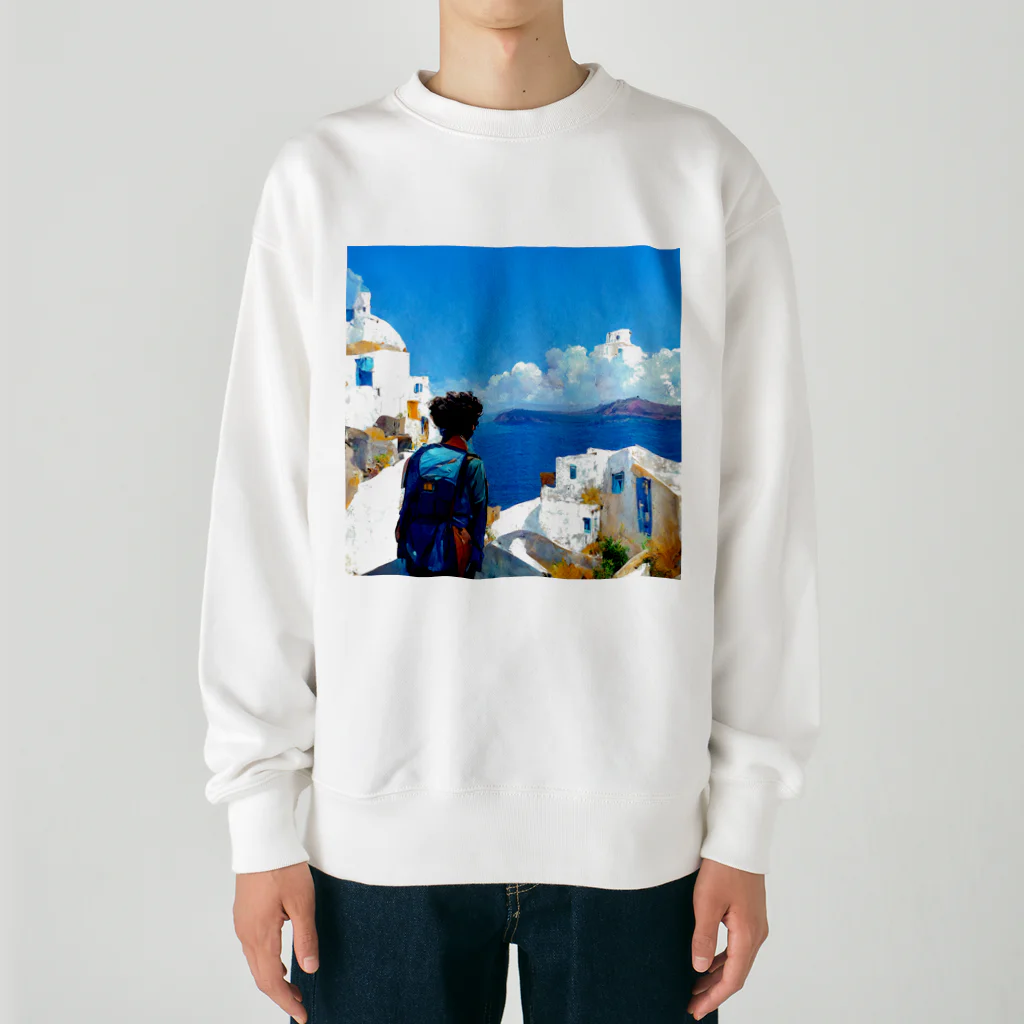 midjourney_travelerのサントリーニ島 Heavyweight Crew Neck Sweatshirt