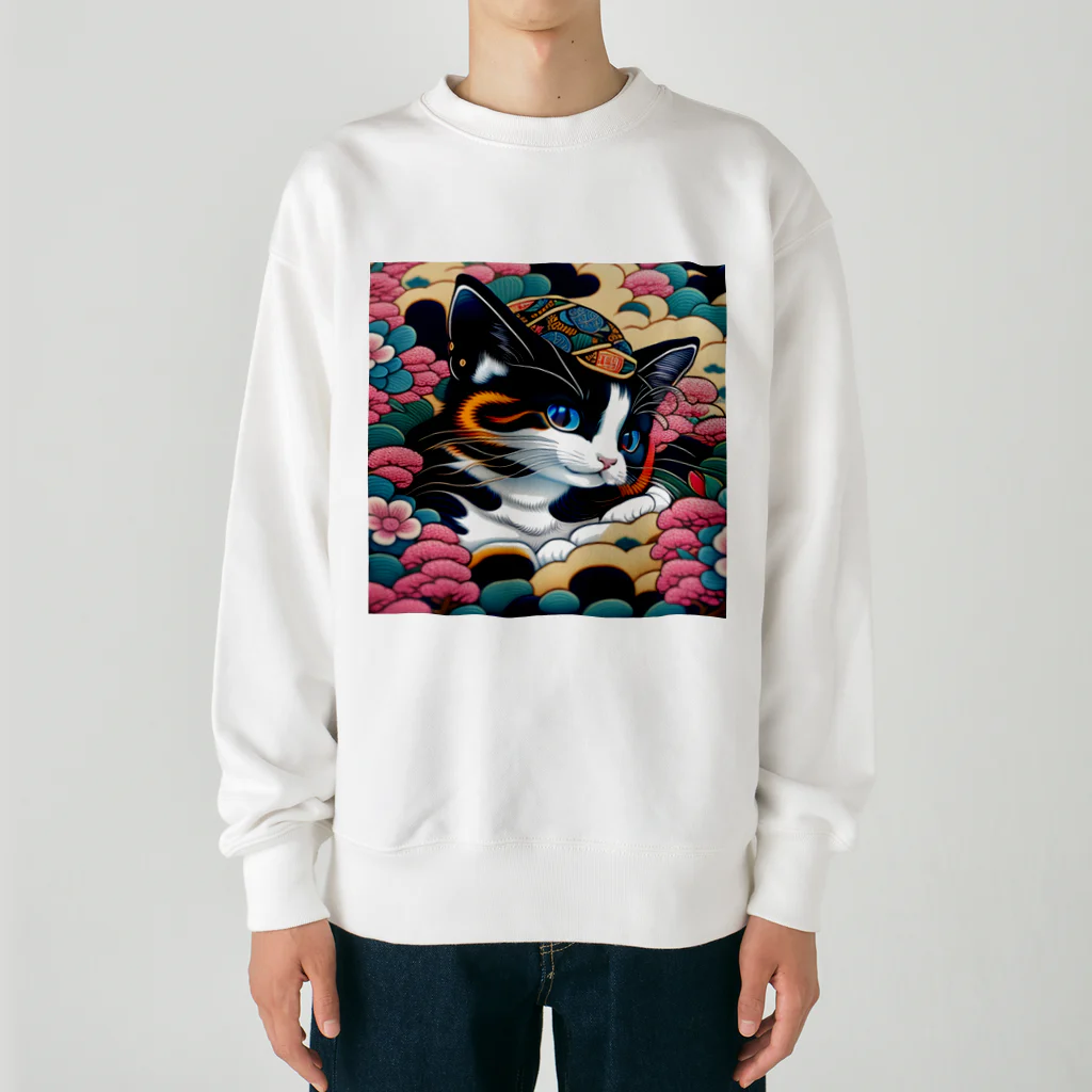 マッケンデジタルワールドの葛飾猫斎　猫名黒雪　浮世絵lofiアートパンクシティ　かわいいねこ Heavyweight Crew Neck Sweatshirt