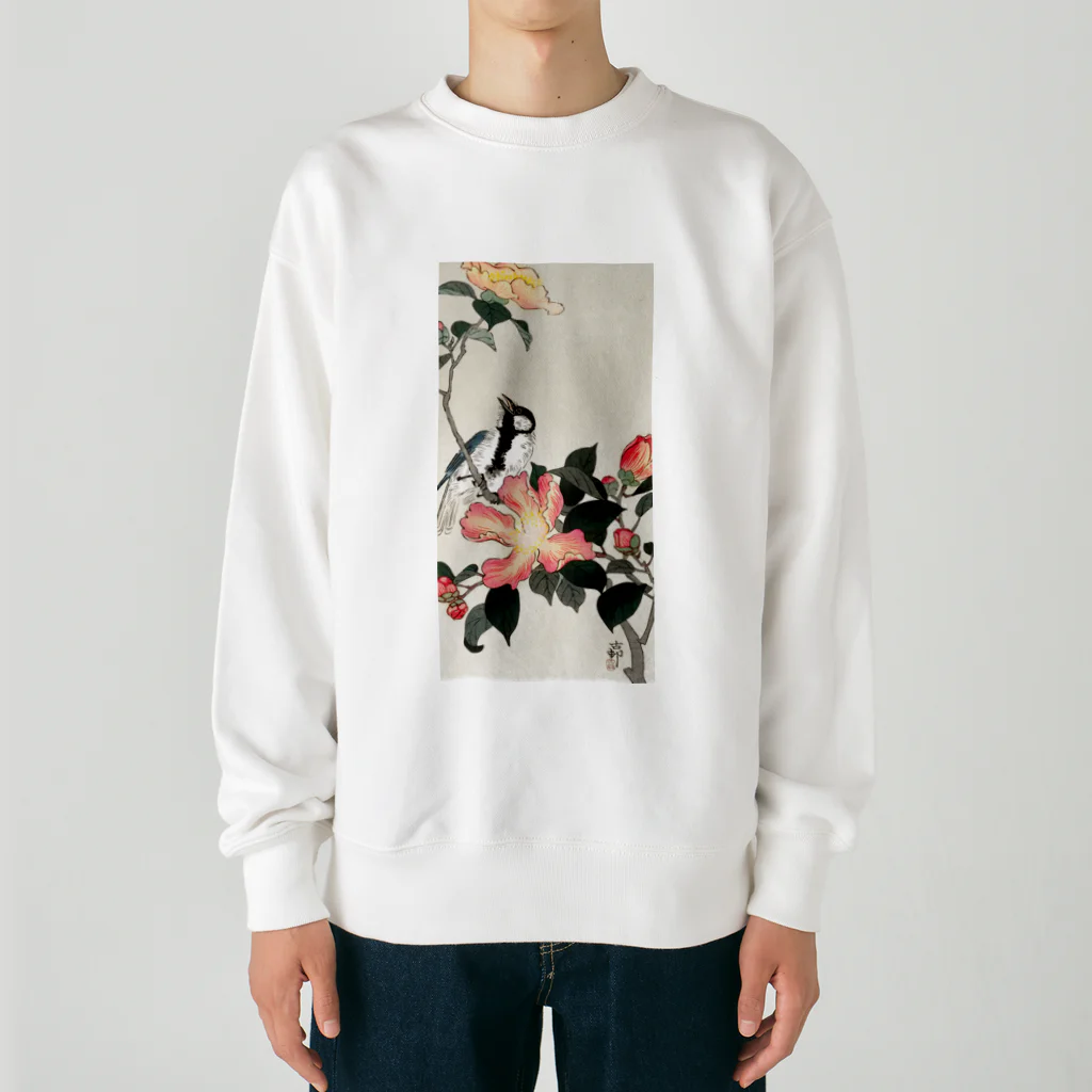 MUGEN ARTの小原古邨　椿に四十雀  Ohara Koson / Great tit on branch with pink flowers  Heavyweight Crew Neck Sweatshirt