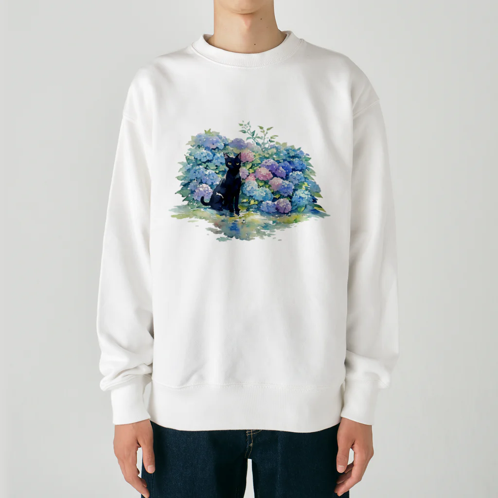 yuuの黒猫と紫陽花 Heavyweight Crew Neck Sweatshirt