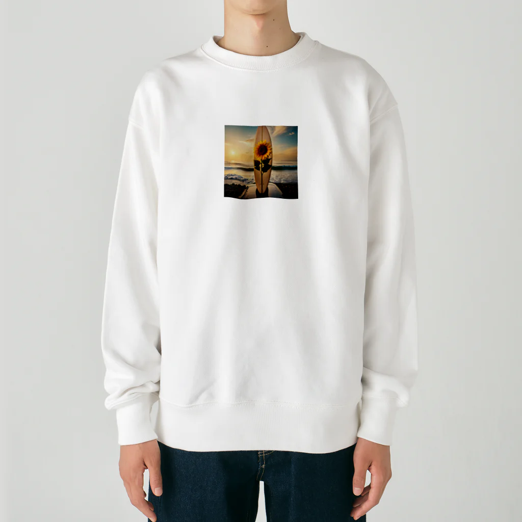 たらたらこっこのレトロなサーフボードとひまわりのデザイン。 Heavyweight Crew Neck Sweatshirt