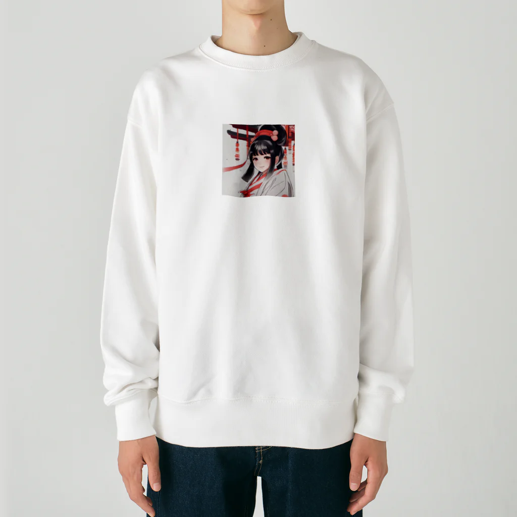 ワンダーワールド・ワンストップの巫女服を着た綺麗なポニーテール女性のグッズ Heavyweight Crew Neck Sweatshirt