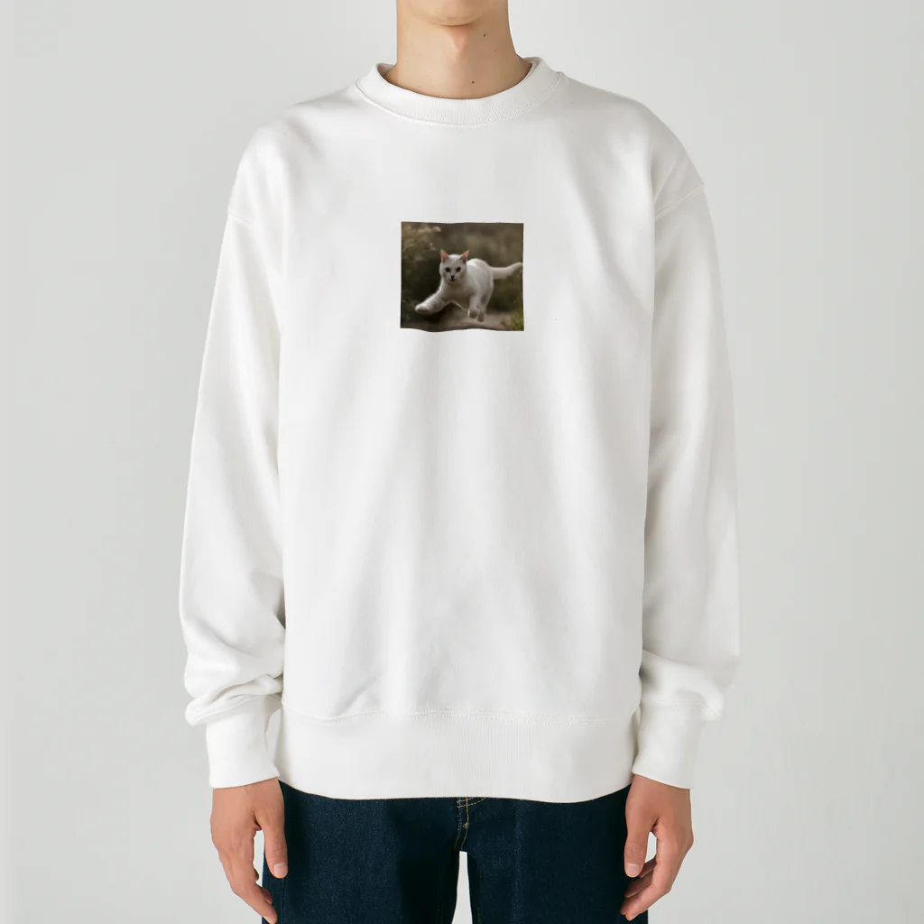 TAIYO 猫好きのフォトプリント美形白猫 Heavyweight Crew Neck Sweatshirt