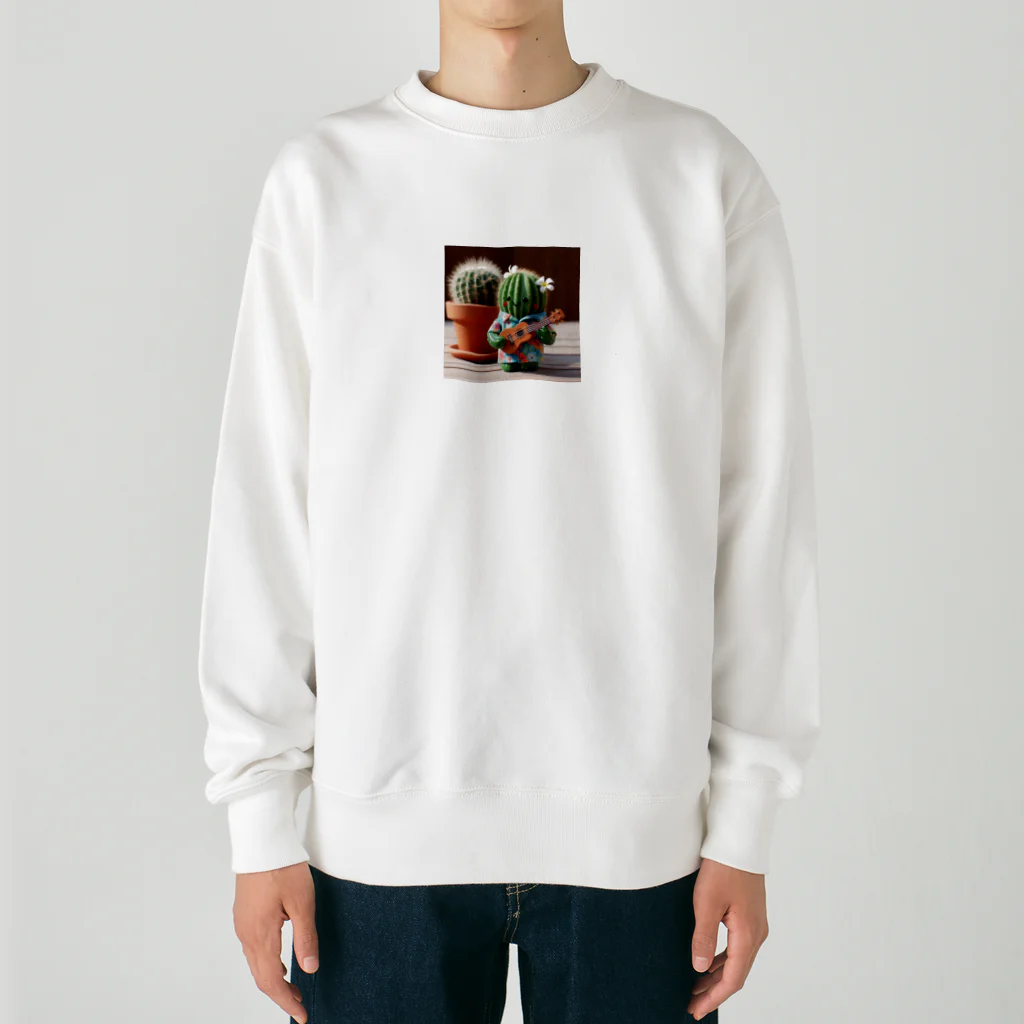 ワンダーワールド・ワンストップのハワイアンシャツを着てウクレレを弾くサボテン Heavyweight Crew Neck Sweatshirt