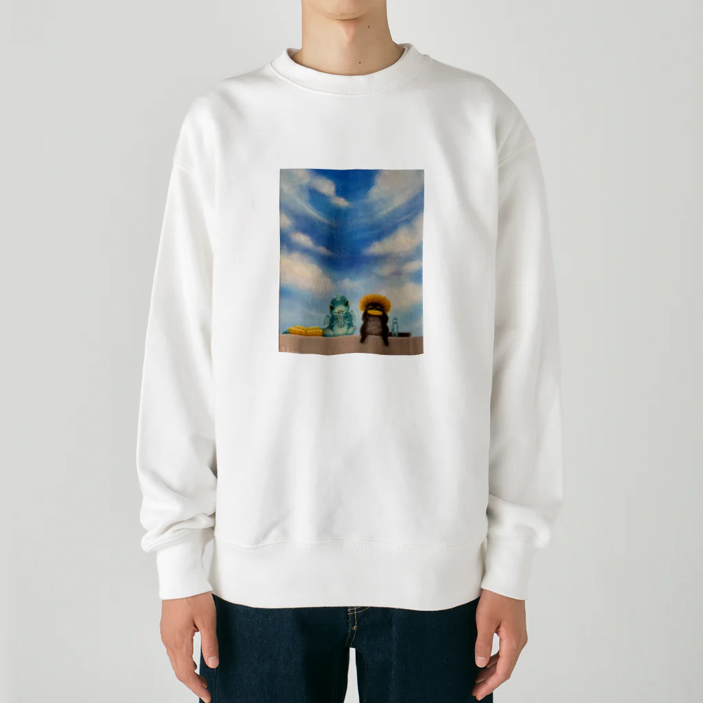 nono marchéの黒猫ロイと龍の赤ちゃん 油絵 手描き Heavyweight Crew Neck Sweatshirt