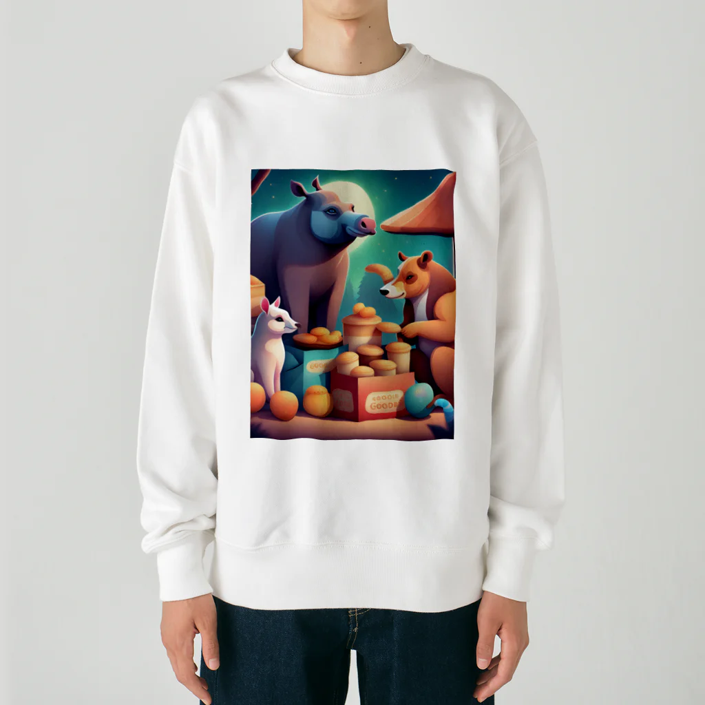 動物のオシャレ屋の夜空の下で食卓を囲む動物たち Heavyweight Crew Neck Sweatshirt