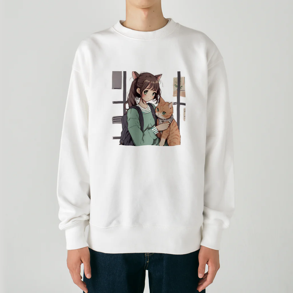 可愛いは正義！のネコミミの女の子とネコ Heavyweight Crew Neck Sweatshirt