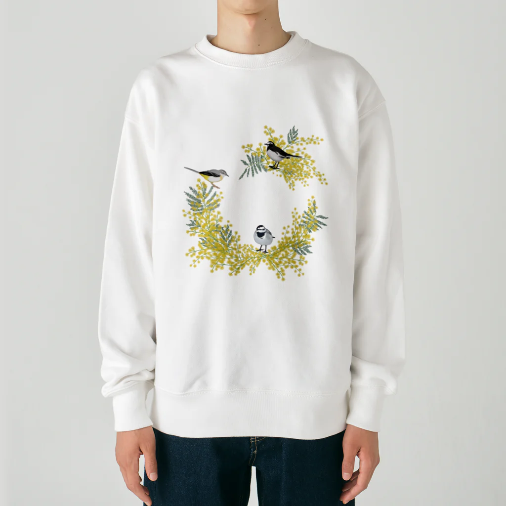 やちよ｜リアル鳥イラストの鶺鴒さんとミモザのリース（枝なし） Heavyweight Crew Neck Sweatshirt