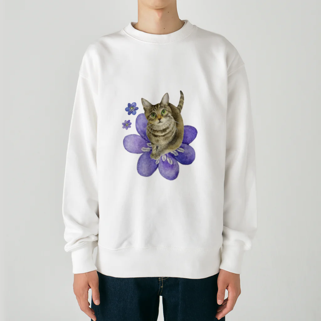 猫が好きすぎる絵描き　キジシマ ミキのキジトラくんミスミソウに乗る Heavyweight Crew Neck Sweatshirt