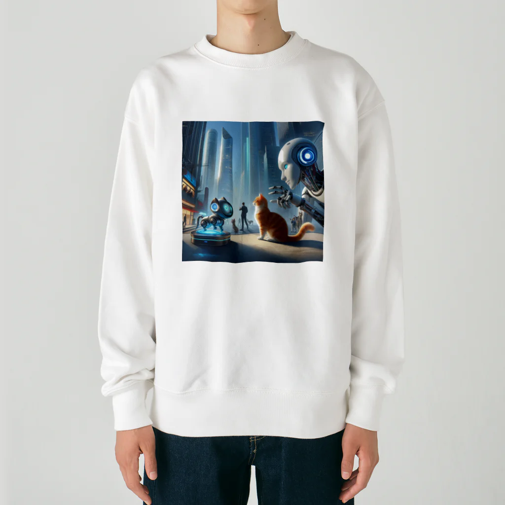 ニャーちゃんショップの未来のロボットペットと友達になっている猫 Heavyweight Crew Neck Sweatshirt