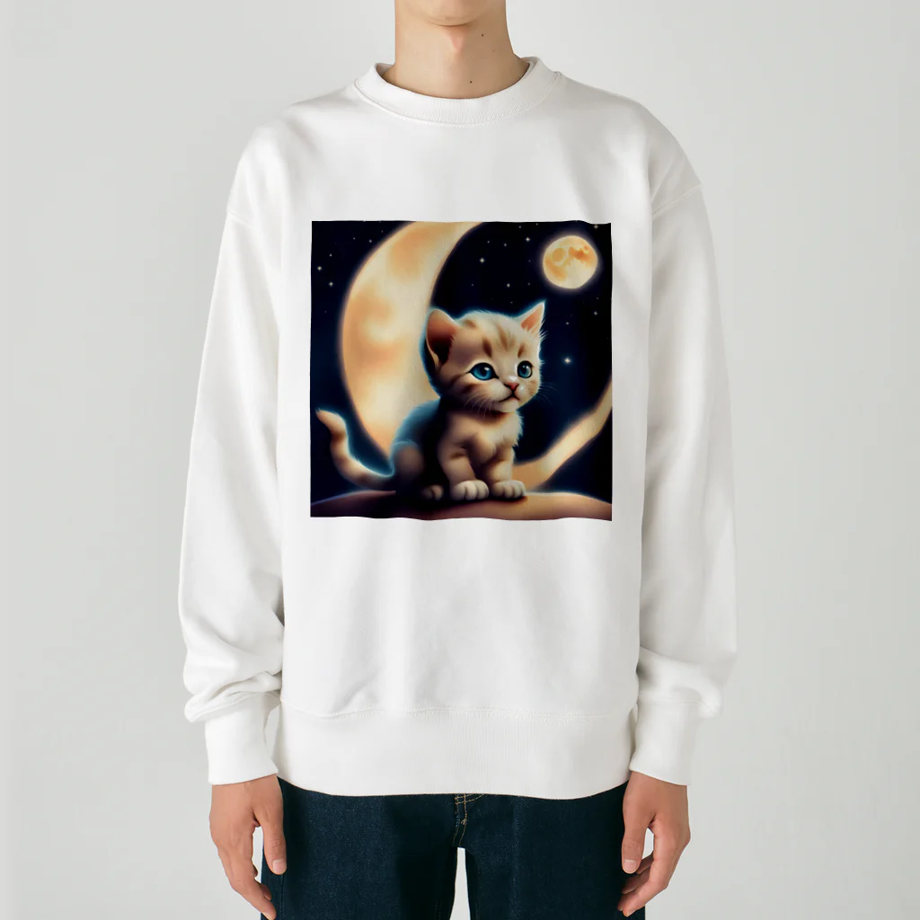 宇宙と猫の月を見る子猫 Heavyweight Crew Neck Sweatshirt