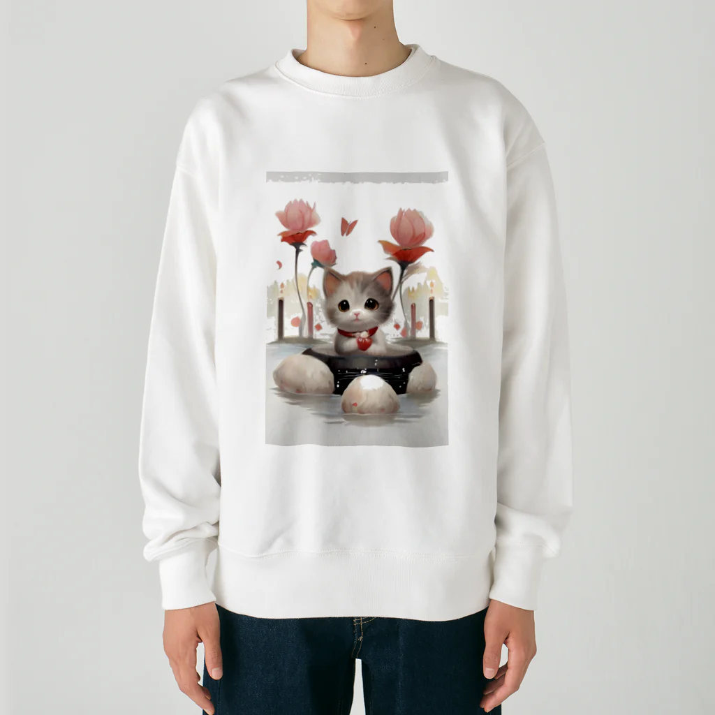 恥ずかしがり屋のねこショップの猫とお花 Heavyweight Crew Neck Sweatshirt