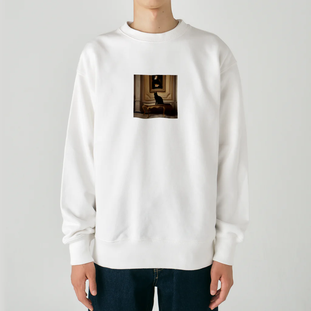 pinoko4143の絵画をバックにたたずむ黒猫 Heavyweight Crew Neck Sweatshirt