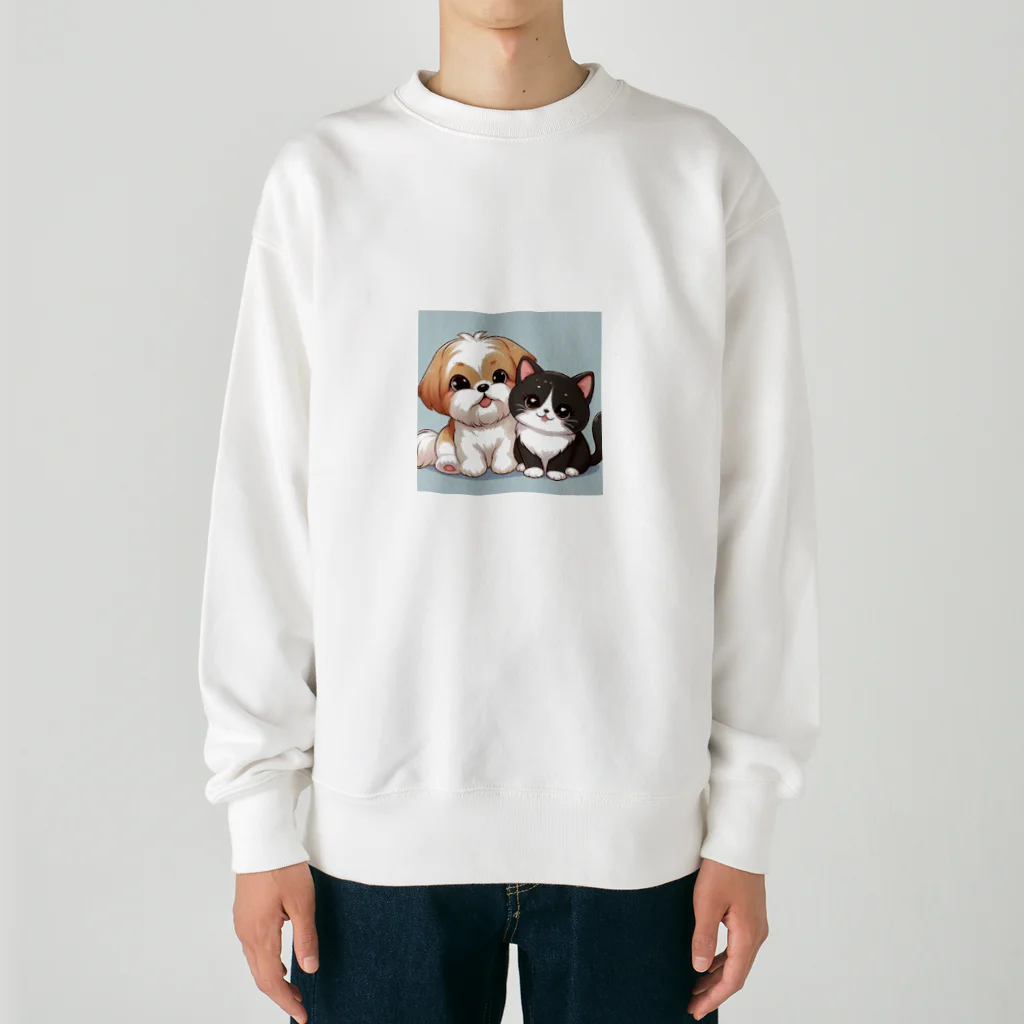 ワンコとにゃんちゃんズのシーズーと白黒にゃんこ Heavyweight Crew Neck Sweatshirt