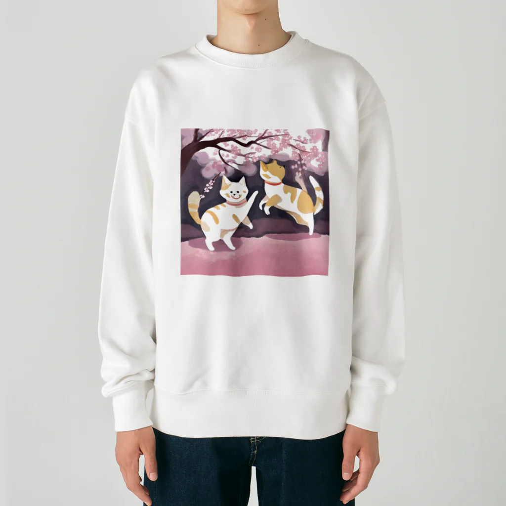 Shironekokuuの桜で遊ぶ犬と猫 Heavyweight Crew Neck Sweatshirt