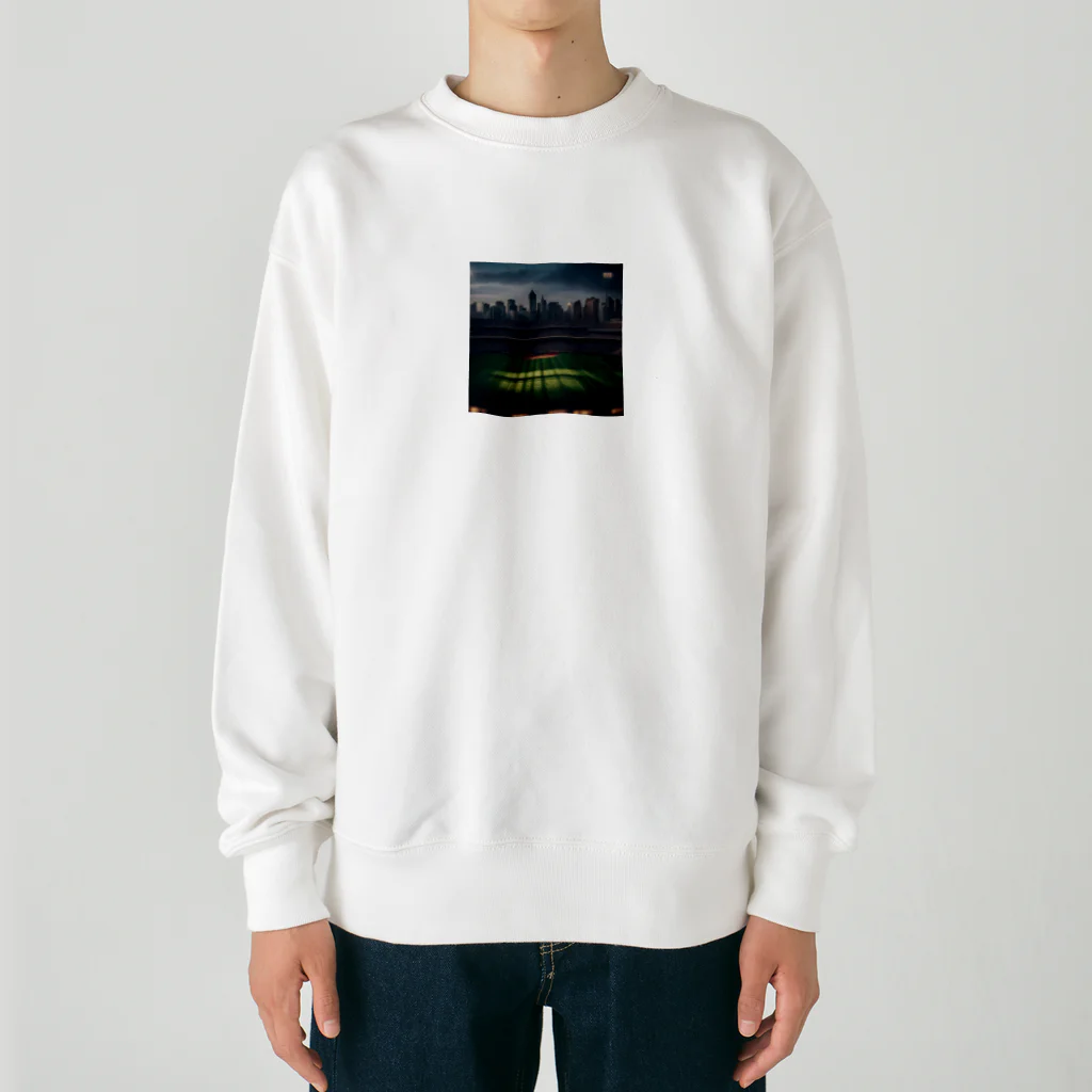 dream_canvasの空にそびえる高層ビルとスポーツスタジアムの壮大な景色。 Heavyweight Crew Neck Sweatshirt