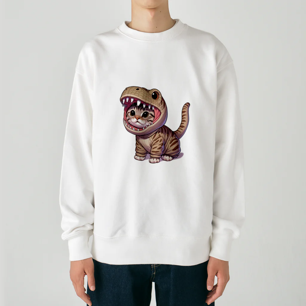 IloveCatの子猫がティラノサウルスのフードを被っている Heavyweight Crew Neck Sweatshirt