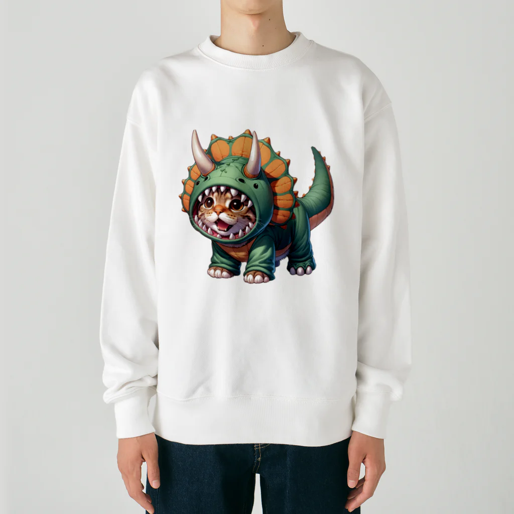 IloveCatのトリケラトプスのフードを被った子猫 Heavyweight Crew Neck Sweatshirt