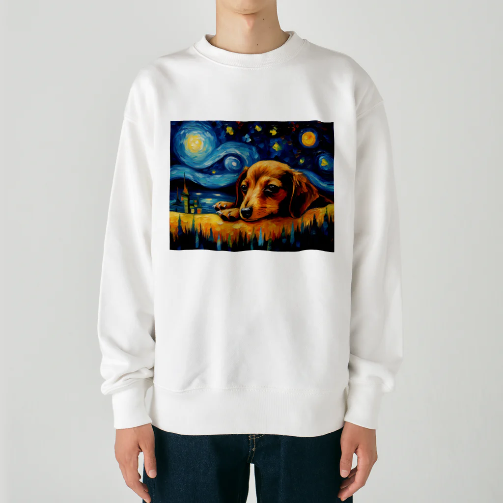 Dog Art Museumの【星降る夜 - ダックスフンド犬の子犬 No.3】 Heavyweight Crew Neck Sweatshirt