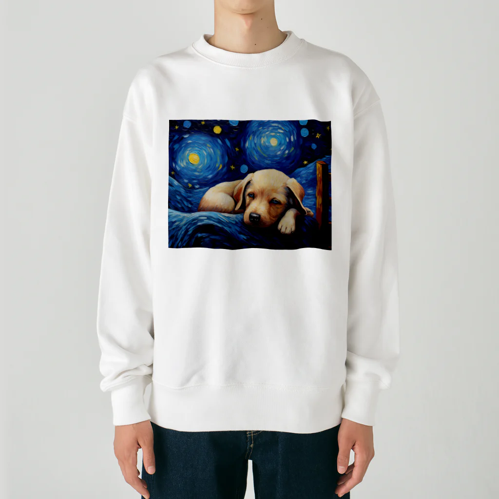 Dog Art Museumの【星降る夜 - ラブラドールレトリバー犬の子犬 No.1】 Heavyweight Crew Neck Sweatshirt