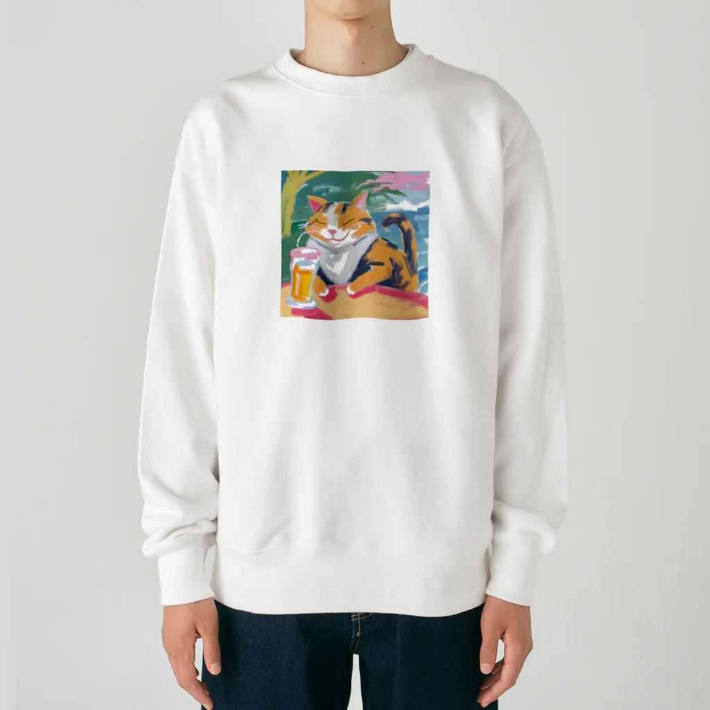 tanather shopのビールを飲んで幸せそうなネコさん Heavyweight Crew Neck Sweatshirt