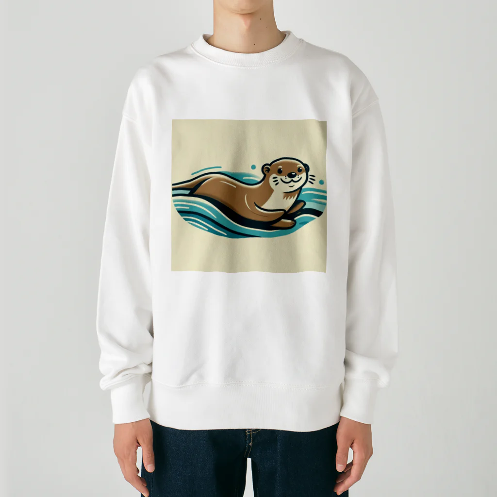 suke3kaku3の愛らしい表情のカワウソがプカプカ Heavyweight Crew Neck Sweatshirt