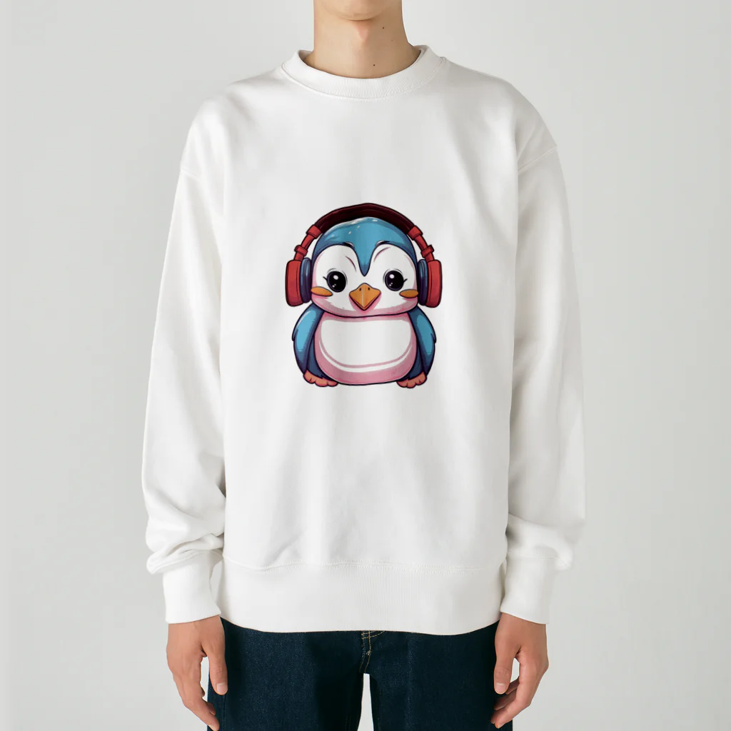 Vasetti_pressの赤いヘッドホンを付けているペンギン Heavyweight Crew Neck Sweatshirt